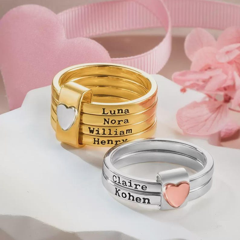 Custom Rustic Stacking Ring, Personalized Sterling Silver Engraved Rings, Anniversary Gift for Wife, Mom or Grandmother
