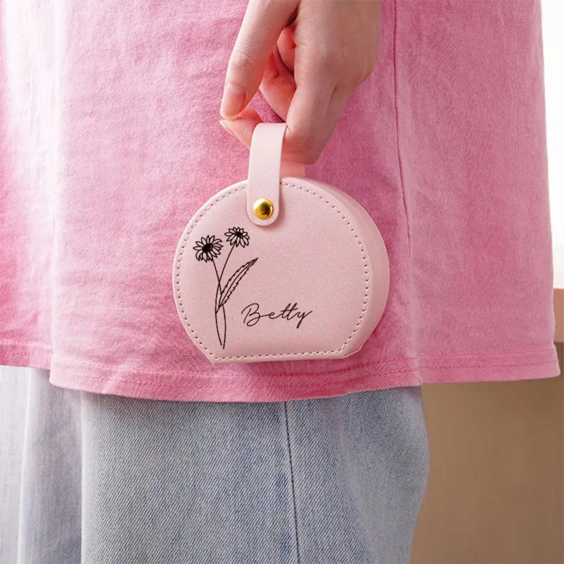 Custom Birth Flower Jewelry Bag with Name | Personalized Floral Travel Case for Women | Birthday, Wedding, Anniversary Gift for Her