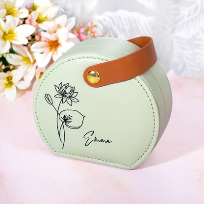 Custom Birth Flower Jewelry Bag with Name | Personalized Floral Travel Case for Women | Birthday, Wedding, Anniversary Gift for Her