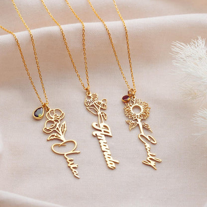 Custom Birth Month Flower Necklace Gold Personalized Silver Birth Flower Name Pendant Necklace November Birth Flower Necklace,Flower Jewelry