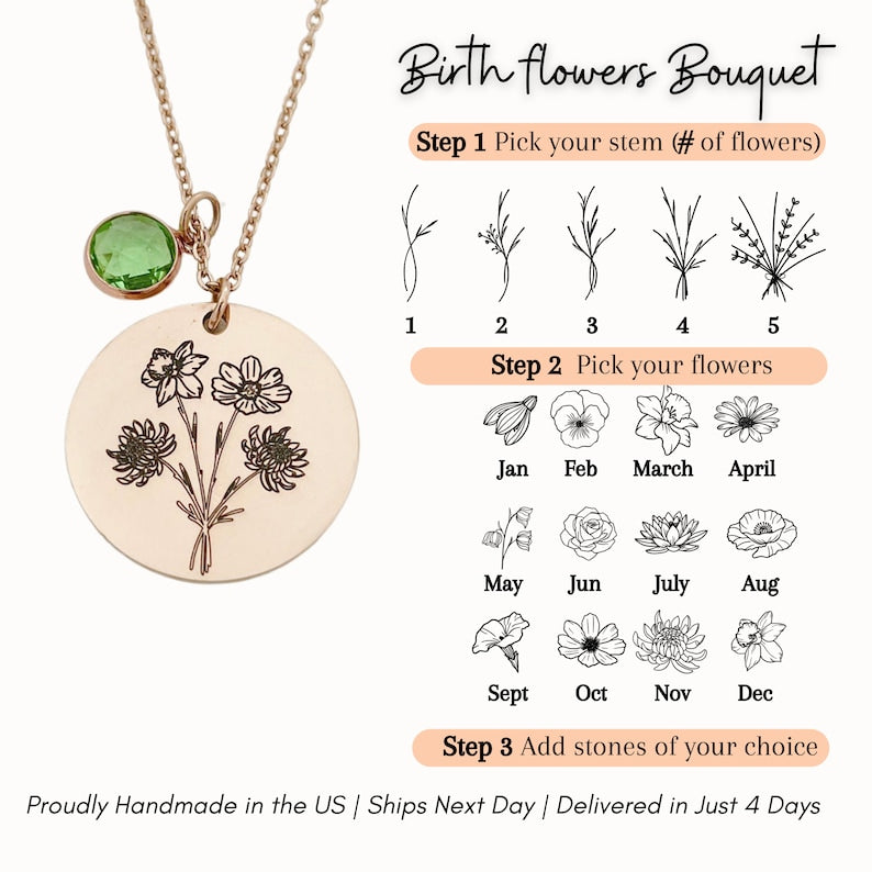 Family Birth Flower Bouquet Necklace with Birthstone Personalized Month Necklace Custom Mother Jewelry Combined