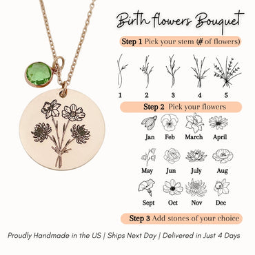 Family Birth Flower Bouquet Necklace with Birthstone Personalized Month Necklace Custom Mother Jewelry Combined