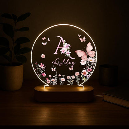 Personalized Name Night Light, Butterfly Flower LED Lamp, Custom Acrylic Light with Wooden Base, Gift for Her, Bedroom Decor