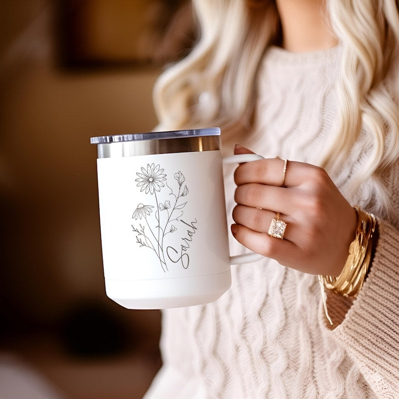 Personalized Birth Flower Insulated Coffee Tumbler with Handle for Sister, Best Friend, Bridesmaid, Personalized Coffee Mug, Travel Mug