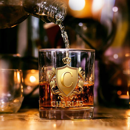 Personalized Golden 3D Badge Initial Name 10 oz Rock Whiskey Glass Old Fashioned Birthday Gift for Man Bartender Whiskey Enthusiast
