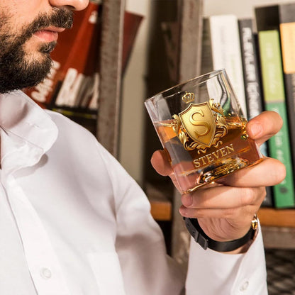 Personalized Golden 3D Badge Initial Name 10 oz Rock Whiskey Glass Old Fashioned Birthday Gift for Man Bartender Whiskey Enthusiast