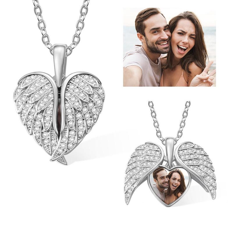 Personalized Sterling Silver Angel Wing Photo Locket Necklace-My Guardian Angel Always Close to My Heart Mother'sDay Gift