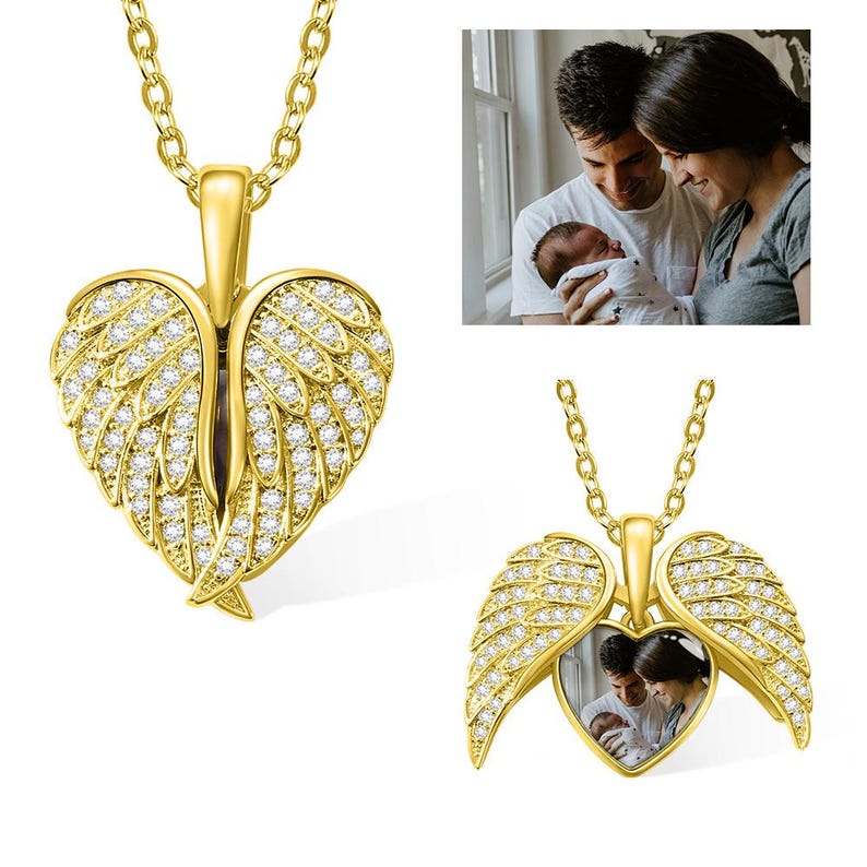 Personalized Sterling Silver Angel Wing Photo Locket Necklace-My Guardian Angel Always Close to My Heart Mother'sDay Gift