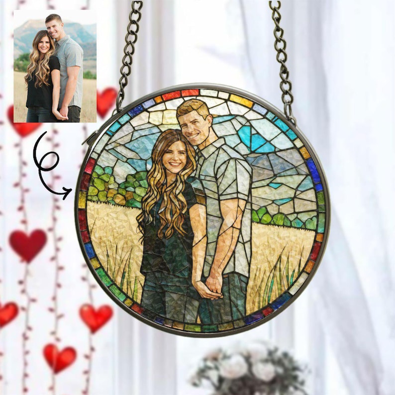 Custom Photo Couple Glass Suncatcher, Personalized Family Portrait Suncatcher Gift