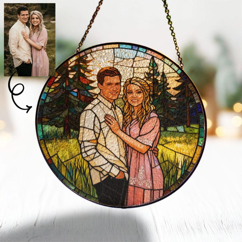 Custom Photo Couple Glass Suncatcher, Personalized Family Portrait Suncatcher Gift