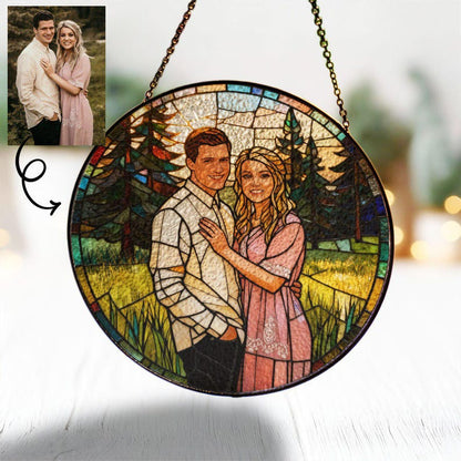 Custom Photo Couple Glass Suncatcher, Personalized Family Portrait Suncatcher Gift