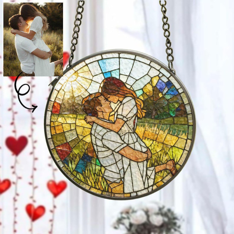 Custom Photo Couple Glass Suncatcher, Personalized Family Portrait Suncatcher Gift