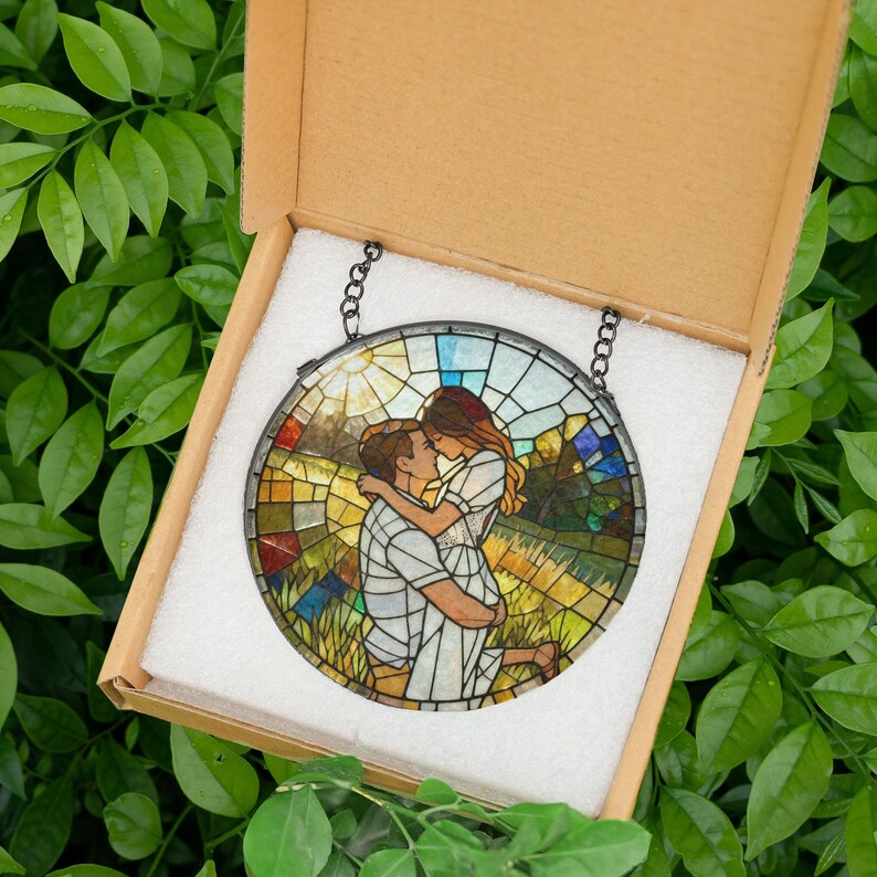 Custom Photo Couple Glass Suncatcher, Personalized Family Portrait Suncatcher Gift
