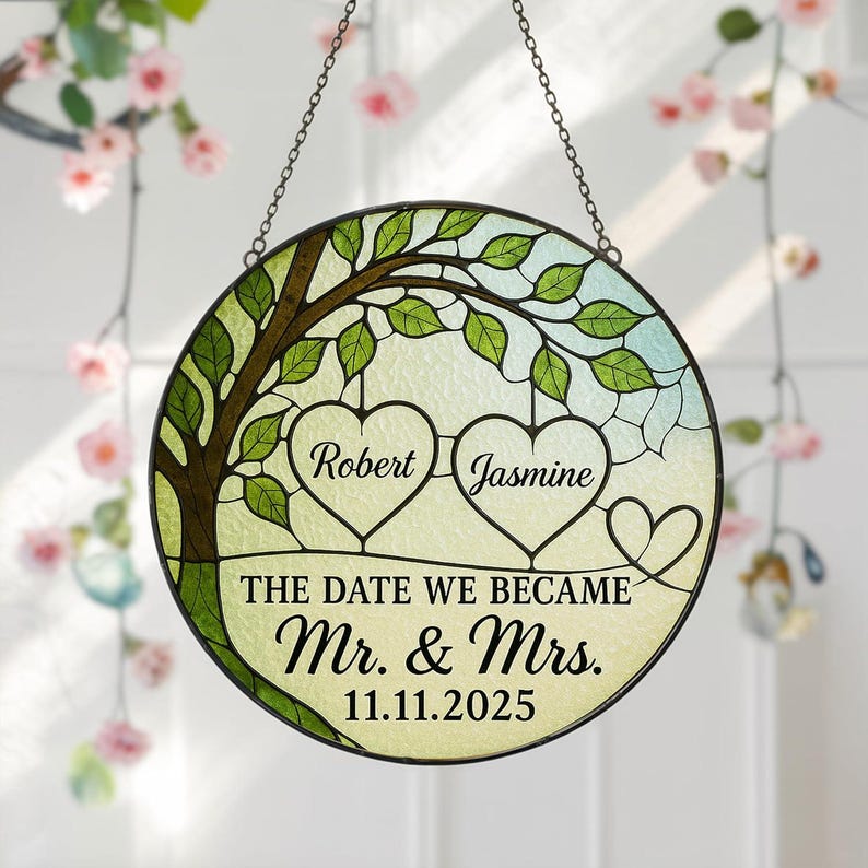 Personalized Portrait Glass Window Hanging Suncatcher, Couple Wedding, Custom Real Image Stained, Anniversary Weddings Gifts, Valentine Gift