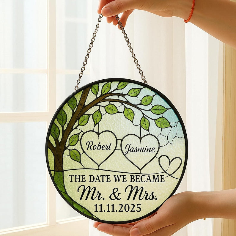 Personalized Portrait Glass Window Hanging Suncatcher, Couple Wedding, Custom Real Image Stained, Anniversary Weddings Gifts, Valentine Gift