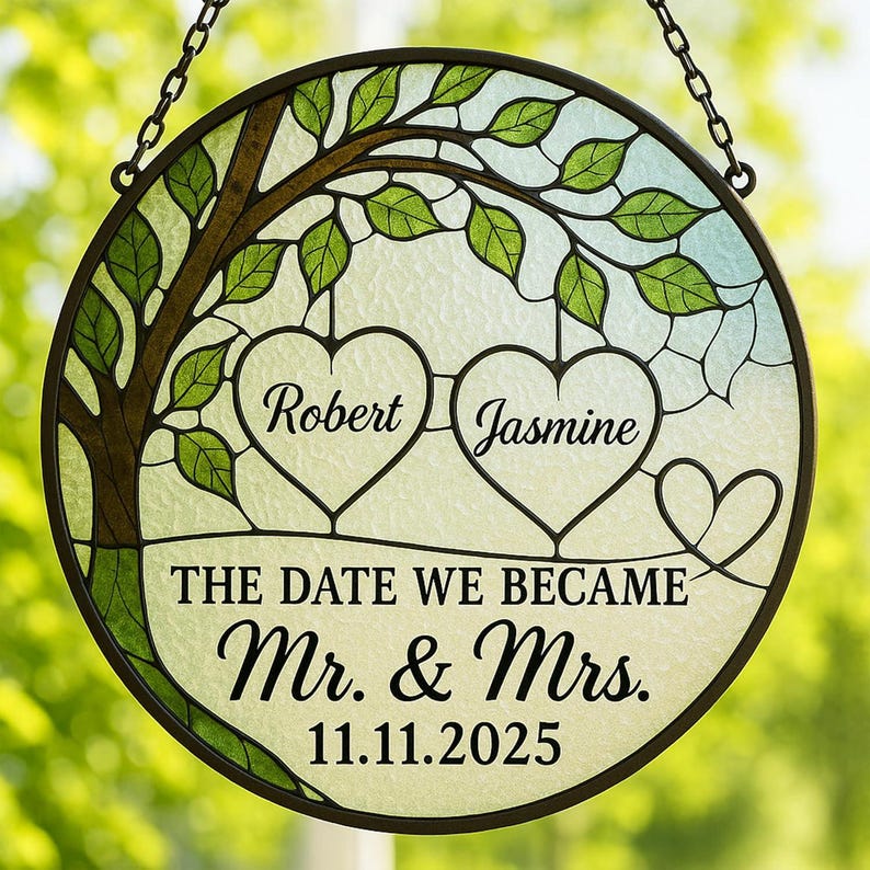 Personalized Portrait Glass Window Hanging Suncatcher, Couple Wedding, Custom Real Image Stained, Anniversary Weddings Gifts, Valentine Gift