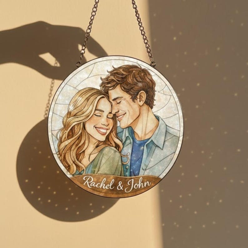 Personalized Couple Portrait Suncatcher with Names, Stained Glass Style Romantic Window Hanging, Custom Anniversary Wedding Gift