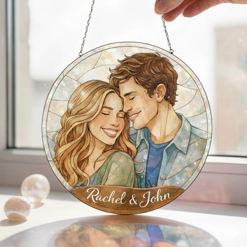 Personalized Couple Portrait Suncatcher with Names, Stained Glass Style Romantic Window Hanging, Custom Anniversary Wedding Gift