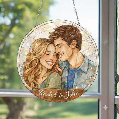 Personalized Couple Portrait Suncatcher with Names, Stained Glass Style Romantic Window Hanging, Custom Anniversary Wedding Gift