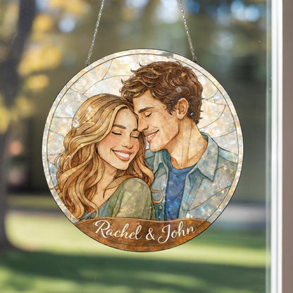Personalized Couple Portrait Suncatcher with Names, Stained Glass Style Romantic Window Hanging, Custom Anniversary Wedding Gift