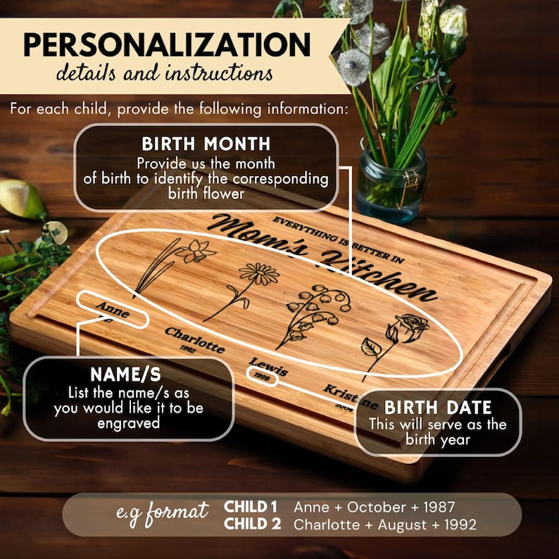 Personalized Gifts for Mom Cutting Board, Birth Flower Gifts for Mama, Custom Mom Mothers Day Gifts, Gifts for Grandma, Birth Month Flowers