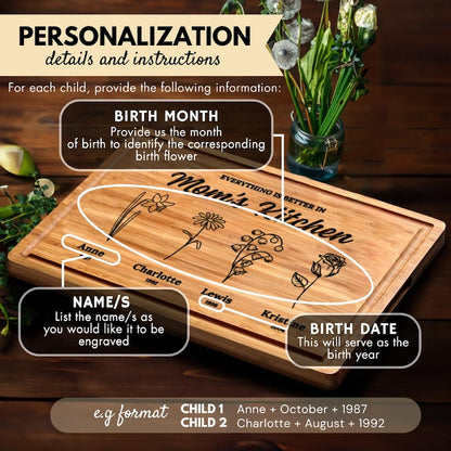 Personalized Gifts for Mom Cutting Board, Birth Flower Gifts for Mama, Custom Mom Mothers Day Gifts, Gifts for Grandma, Birth Month Flowers