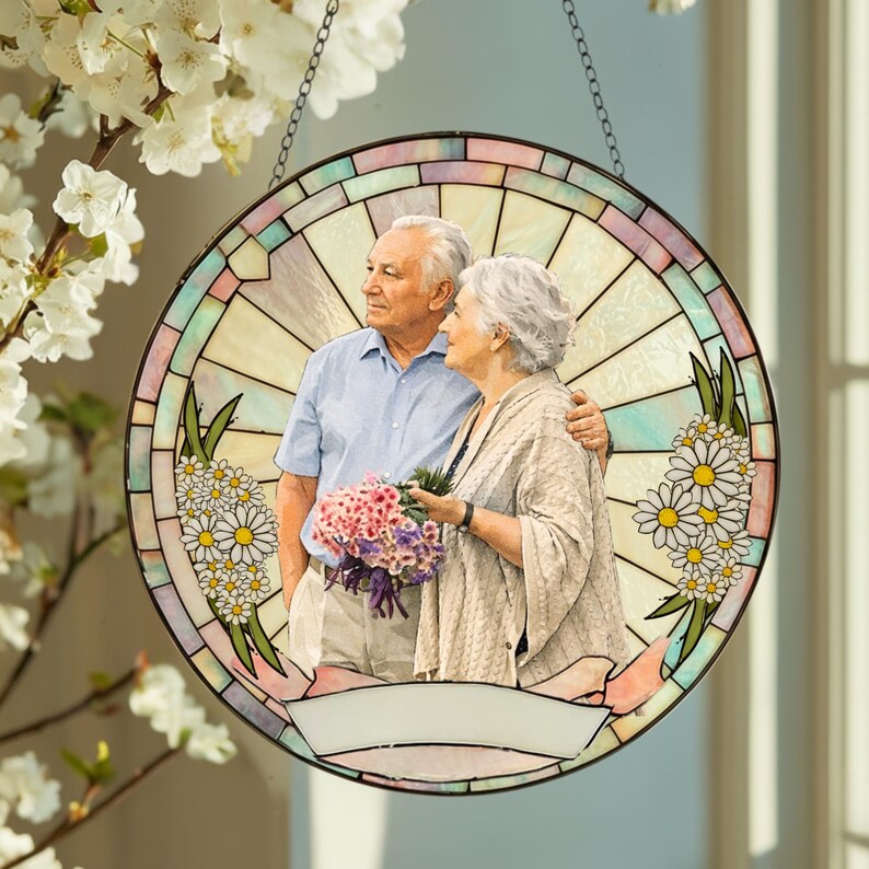 Stained Glass Custom Photo Suncatcher Couple Gift, Wedding Anniversary, Couple Potrait Window Decor Gift For Husband Wife, Grandparents Gift