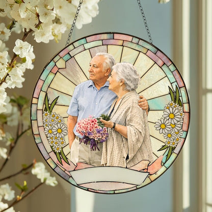 Stained Glass Custom Photo Suncatcher Couple Gift, Wedding Anniversary, Couple Potrait Window Decor Gift For Husband Wife, Grandparents Gift