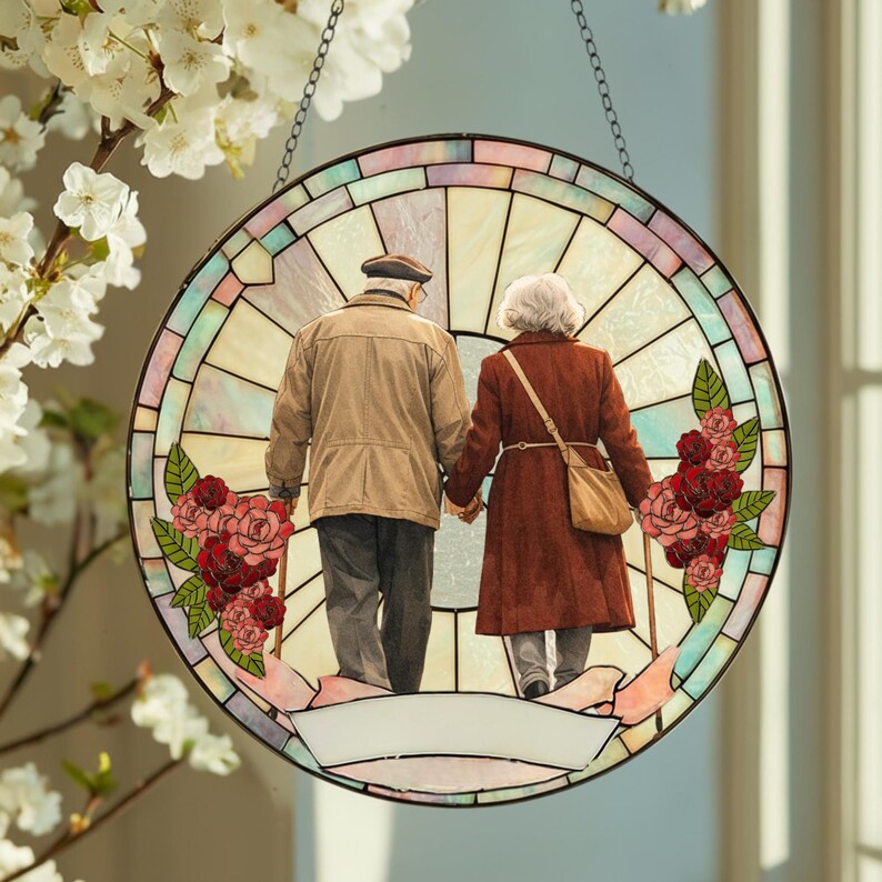 Stained Glass Custom Photo Suncatcher Couple Gift, Wedding Anniversary, Couple Potrait Window Decor Gift For Husband Wife, Grandparents Gift
