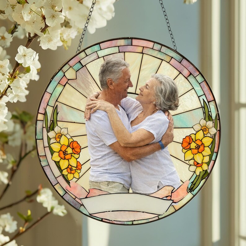 Stained Glass Custom Photo Suncatcher Couple Gift, Wedding Anniversary, Couple Potrait Window Decor Gift For Husband Wife, Grandparents Gift