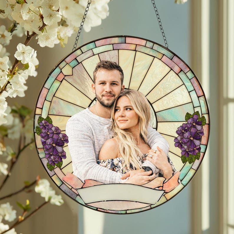 Stained Glass Custom Photo Suncatcher Couple Gift, Wedding Anniversary, Couple Potrait Window Decor Gift For Husband Wife, Grandparents Gift
