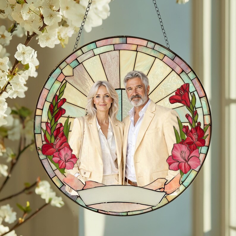 Stained Glass Custom Photo Suncatcher Couple Gift, Wedding Anniversary, Couple Potrait Window Decor Gift For Husband Wife, Grandparents Gift