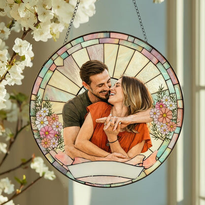 Stained Glass Custom Photo Suncatcher Couple Gift, Wedding Anniversary, Couple Potrait Window Decor Gift For Husband Wife, Grandparents Gift
