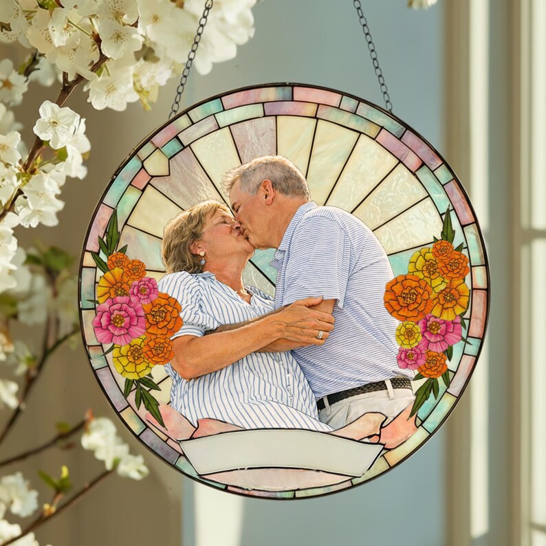 Stained Glass Custom Photo Suncatcher Couple Gift, Wedding Anniversary, Couple Potrait Window Decor Gift For Husband Wife, Grandparents Gift