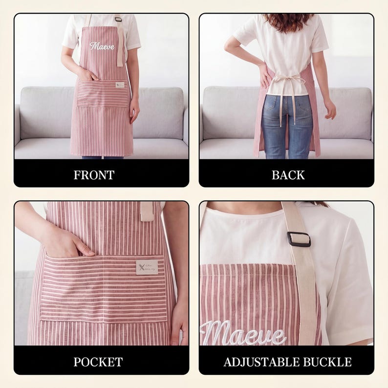 Personalized Apron for women, Custom Striped Apron With Pockets, Embroidered Adult Baking Apron with Adjustable Straps, Gift for Her