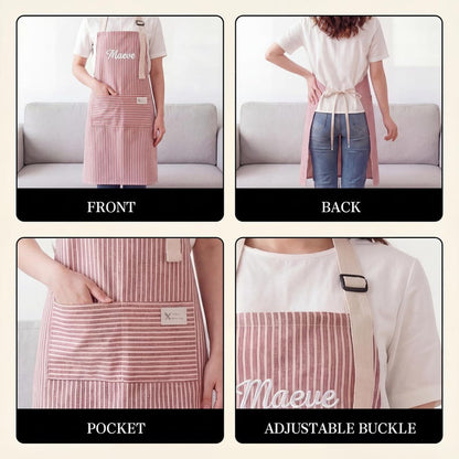 Personalized Apron for women, Custom Striped Apron With Pockets, Embroidered Adult Baking Apron with Adjustable Straps, Gift for Her