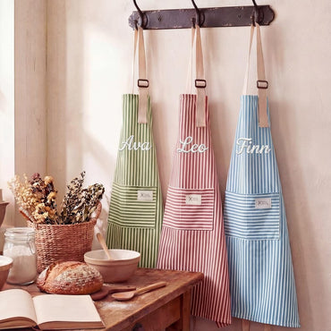 Personalized Apron for women, Custom Striped Apron With Pockets, Embroidered Adult Baking Apron with Adjustable Straps, Gift for Her