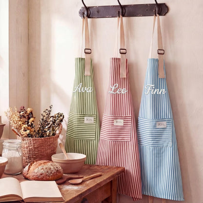 Personalized Apron for women, Custom Striped Apron With Pockets, Embroidered Adult Baking Apron with Adjustable Straps, Gift for Her