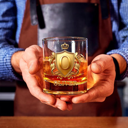 Personalized Golden 3D Badge Initial Name 10 oz Rock Whiskey Glass Old Fashioned Birthday Gift for Man Bartender Whiskey Enthusiast