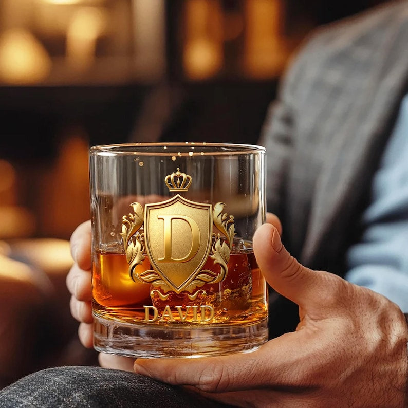 Personalized Golden 3D Badge Initial Name 10 oz Rock Whiskey Glass Old Fashioned Birthday Gift for Man Bartender Whiskey Enthusiast