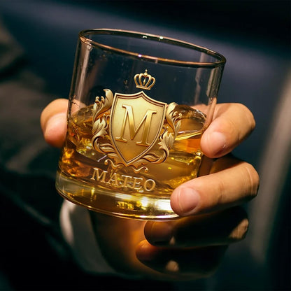 Personalized Golden 3D Badge Initial Name 10 oz Rock Whiskey Glass Old Fashioned Birthday Gift for Man Bartender Whiskey Enthusiast