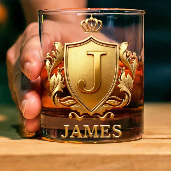 Personalized Golden 3D Badge Initial Name 10 oz Rock Whiskey Glass Old Fashioned Birthday Gift for Man Bartender Whiskey Enthusiast