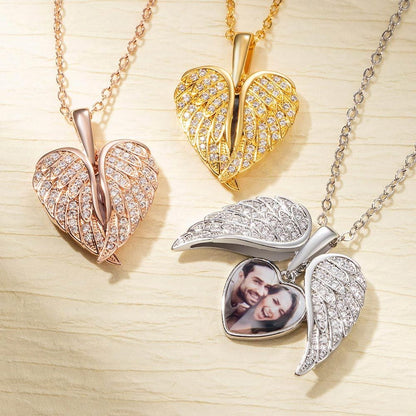 Personalized Sterling Silver Angel Wing Photo Locket Necklace-My Guardian Angel Always Close to My Heart Mother'sDay Gift