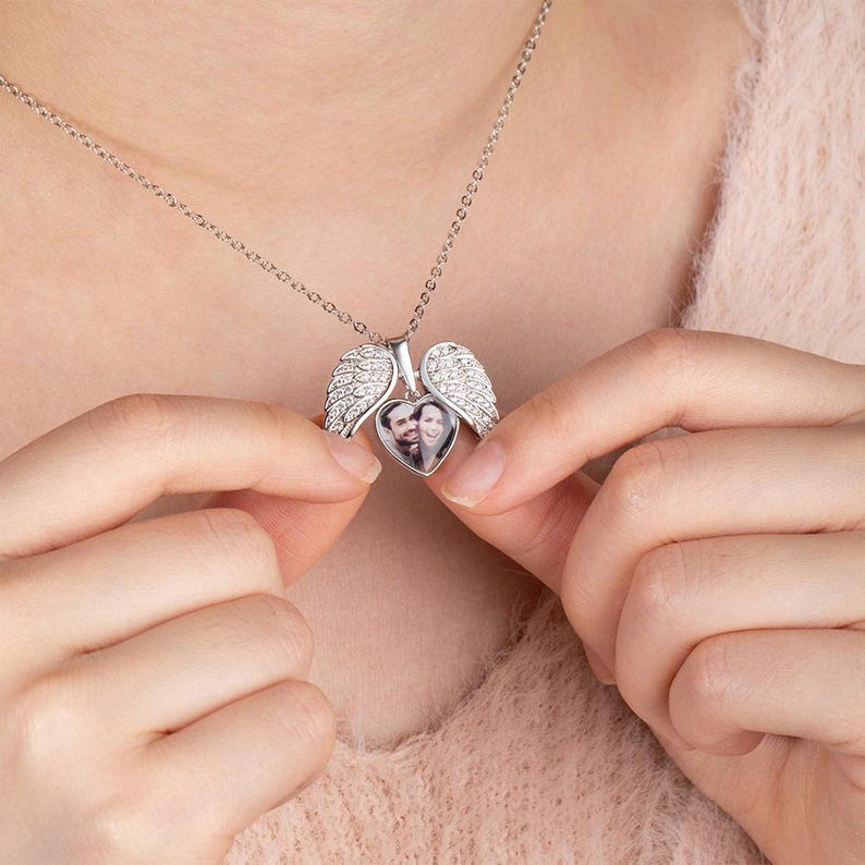Personalized Sterling Silver Angel Wing Photo Locket Necklace-My Guardian Angel Always Close to My Heart Mother'sDay Gift