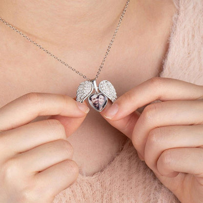 Personalized Sterling Silver Angel Wing Photo Locket Necklace-My Guardian Angel Always Close to My Heart Mother'sDay Gift