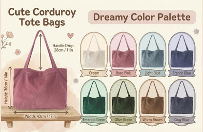 Personalized Corduroy Tote Bag, Custom Embroidered Name Shoulder Bag, Large 17¡± Everyday Shopper, Gift for Her