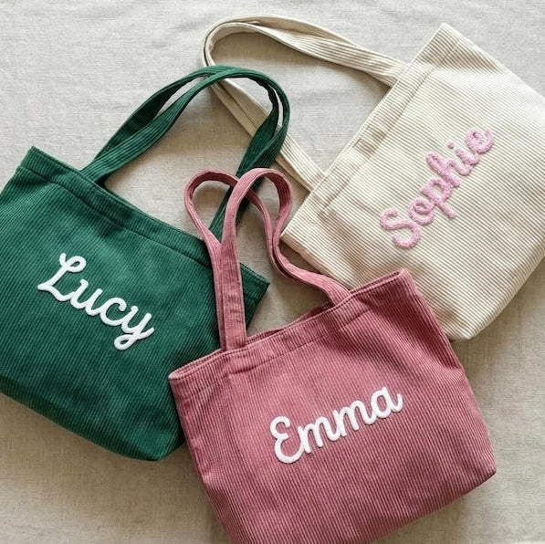 Personalized Corduroy Tote Bag, Custom Embroidered Name Shoulder Bag, Large 17¡± Everyday Shopper, Gift for Her