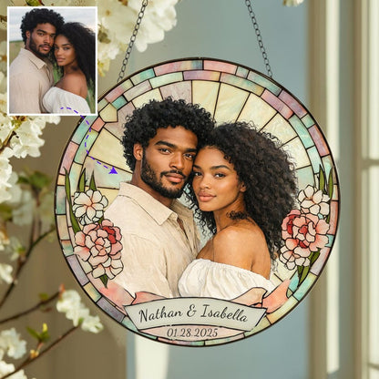 Stained Glass Custom Photo Suncatcher Couple Gift, Wedding Anniversary, Couple Potrait Window Decor Gift For Husband Wife, Grandparents Gift