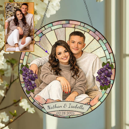 Stained Glass Custom Photo Suncatcher Couple Gift, Wedding Anniversary, Couple Potrait Window Decor Gift For Husband Wife, Grandparents Gift