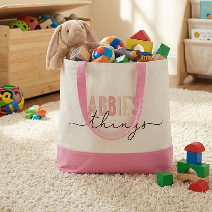 Personalized Canvas Tote Bag with Name, Toy Storage & Book Bag, Nursery Organizer, Toddler Gift, Easter Gifts